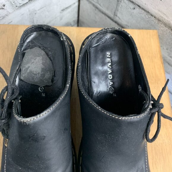 Vintage Y2K Nevada Chunky Heel Platform Mules 5 Black Leather Slip On Shoes 90s - Picture 7 of 13